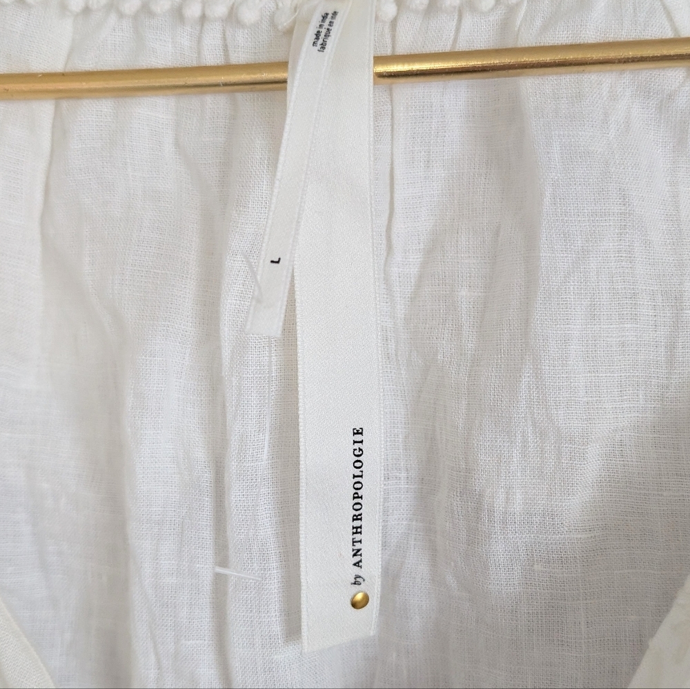 Anthropologie Long Sleeve Embroidered Linen Tie-Front Top L White Bohemian 70s - Picture 6 of 8